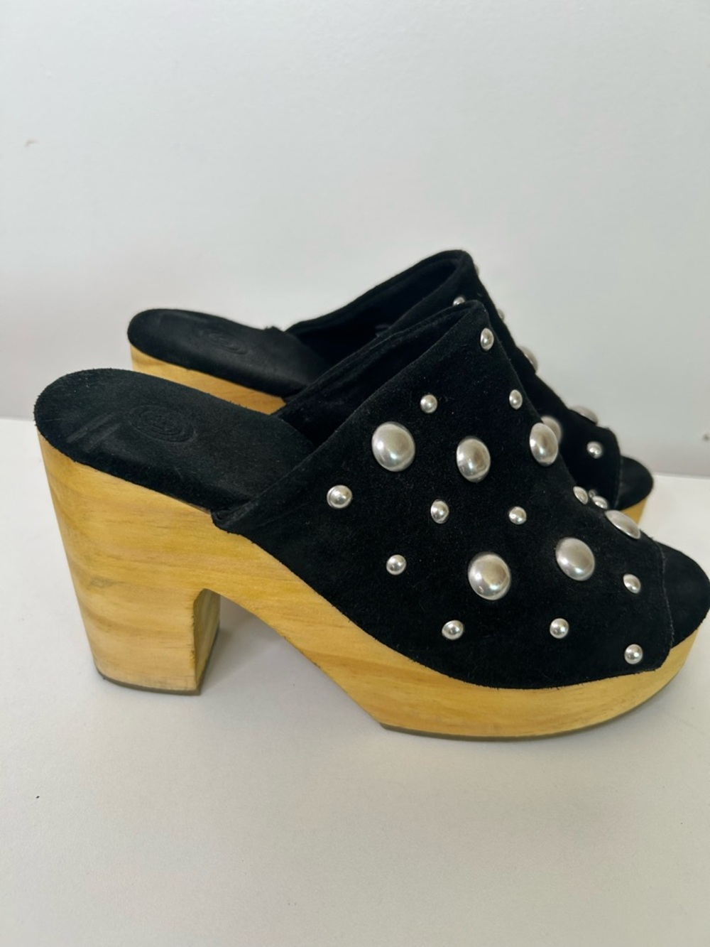 Urban Outfitters Black Suede Pearl-Stud Wooden Clogs